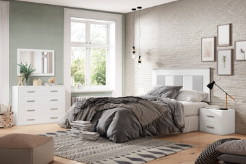 Modern double bedroom with modern trend furniture.Poster,web,sheet,catalogue,