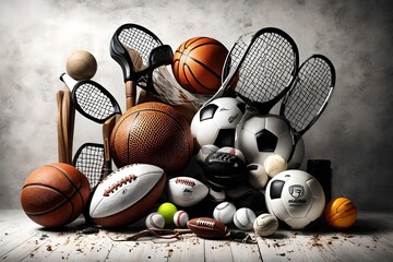  a stunning display featuring an array of different sport balls and equipment set against a pristine white background. 