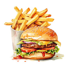 Cheeseburger Aquarell Kunst Bild Fast Food Illustration Pommes Frites Handgemalt Lebensmittel Kunstwerk Bunter Burger Leinwand Druck Küchendekor Restaurant Wandbild Geschenkidee