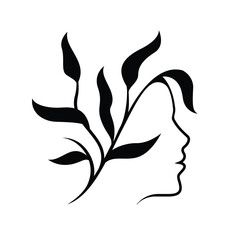 Woman face profile silhouette with leafs hair black and white