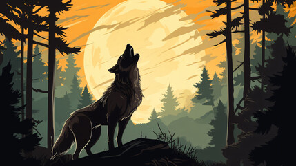 Wolf howling at full moon in the forest vector