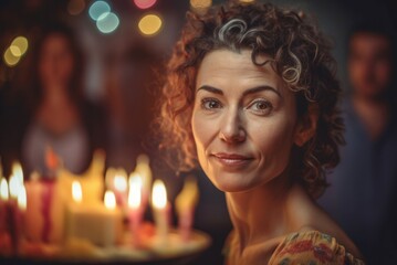 Obraz na płótnie Canvas Happy curly aged woman at birthday party. Positive mature lady indoor festive ambiance. Generate ai