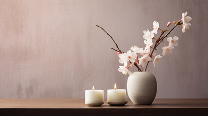 A vase of white flowers and two candles on a wooden table, in the style of minimalist backgrounds, light gray and pink, shaped canvas, natural fibers, sparse and simple, use of fabric, nature-inspired