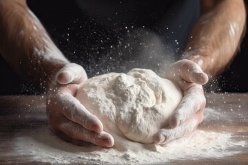 Hands-on Cooking: Man Kneading Dough on Wooden Table