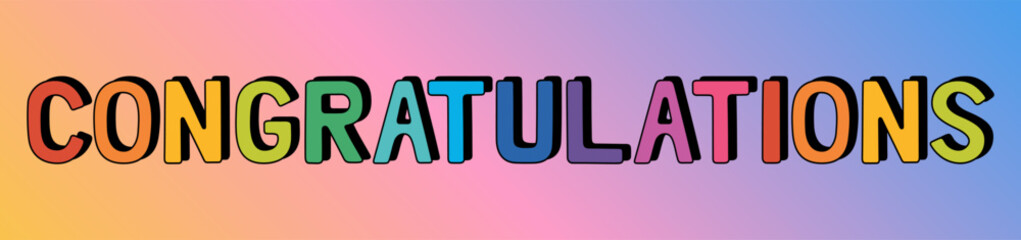 Congratulations the word. Rainbow colored inscription. Hand drawn vector illustration isolated on gradient background. Modern flat cartoon style.