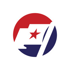 Red and blue flag with star inside a circle