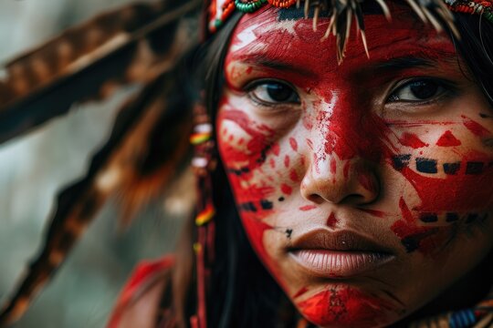 Indigenous Colors: A Captivating Face Photo of a Native Brazilian from the Panará - Krenakore Tribe, Adorned with Traditional Bold Red Face Paintings