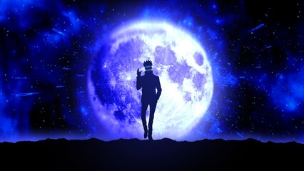 Anime character with white hair and blue eyes, against the background of a blue moon, anime wallpaper anime background