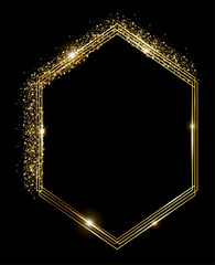 Vector template of shining gold frame, background with glitter for Christmas celebration party, New Year card, wedding, bachelorette party, baby shower party, logo, casino, birthday.