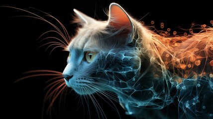 An artistic representation of a cat with a glowing, translucent fur effect on a dark background