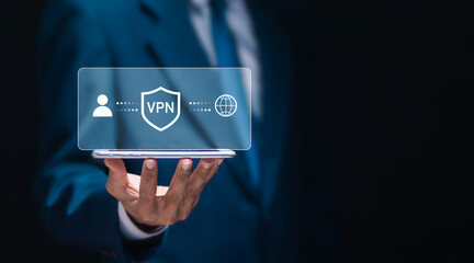 VPN Virtual private network concept. Businessman use smartphone with virtual screen of VPN connection. Internet security, encrypted connection for anonymous internet user.