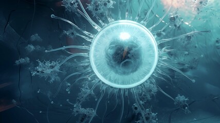 A microscopic view of a cnidarian-like structure surrounded by virus particles in an aquatic environment