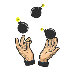 juggling bombs sketch hand drawn color engraving raster illustration. T-shirt apparel print design. Scratch board imitation. Black and white hand drawn image.