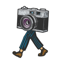 Walking photo camera sketch hand drawn color engraving raster illustration. T-shirt apparel print design. Scratch board imitation. Black and white hand drawn image.