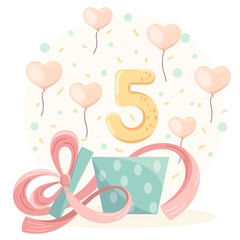 Vector illustration of an open box with the number 5
 and balloons flying out of it. Children's theme, birthday, children's wallpapers. Postcard, banner, print on clothes.