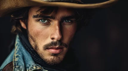 Fotobehang Portrait of cowboy in hat, american western ranch man model © AdamantiumStock