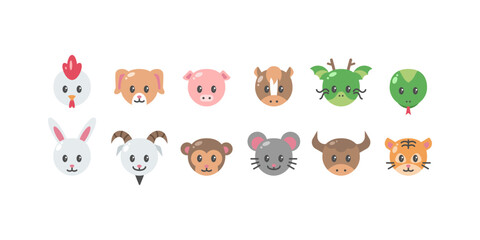 Set of Cute Animals Head Flat Icon. Chinese Zodiac Vector Illustration.