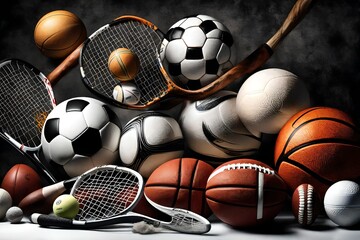  a stunning display featuring an array of different sport balls and equipment set against a pristine white background.  - obrazy, fototapety, plakaty