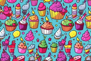 Cartoon cute doodles showcasing birthday cupcakes, balloons, and confetti in a lively and celebratory seamless pattern, Generative AI