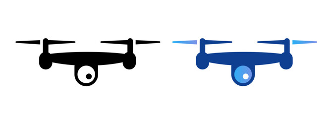 Drone icon with camera set black and blue color simple unmanned aerial vehicle