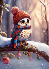 cute owlet in a hat and scarf sitting on winter snowy branch