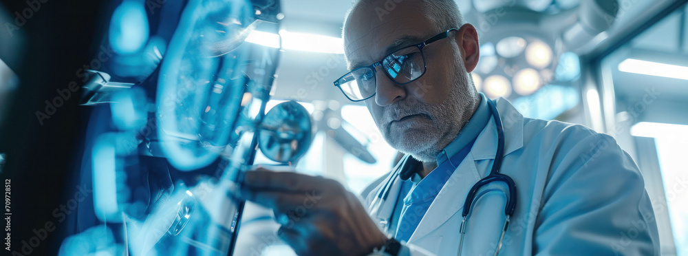 Poster doctor in glasses holding a stethoscope and a computer image on top, in the style of translucent geo