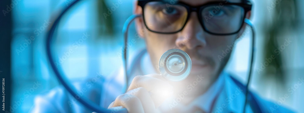 Poster doctor in glasses holding a stethoscope and a computer image on top, in the style of translucent geo