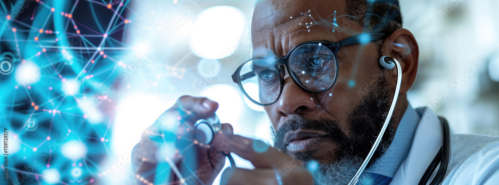 Poster doctor in glasses holding a stethoscope and a computer image on top, in the style of translucent geo