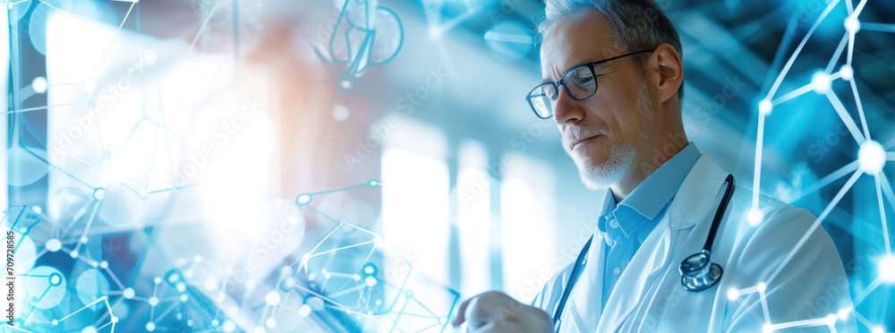 Poster doctor in glasses holding a stethoscope and a computer image on top, in the style of translucent geo