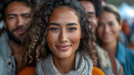 beauty of diversity by featuring a group of individuals, including those with disabilities, engaging with the camera with smiles and positive expressions. Emphasize equality and shared purpose.