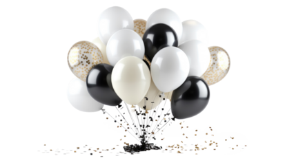 Gold chrome and black balloon with confetti, a bunch of balloons on transparent background. Balloons for wedding, holiday. Valentine's day gift 