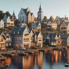 Naklejka premium a fictional town with European-style houses on the shore of a pond at sunset