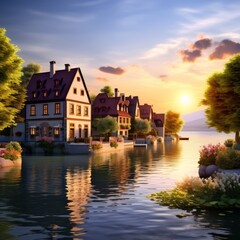 Naklejka premium a fictional town with European-style houses on the shore of a pond at sunset