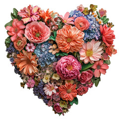 Heart-shaped set of flowers isolated on transparent. Elegant floral design elements for postcard, invitation, cover, decoration