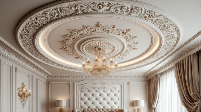 Interior of luxury chandelier lighting on marble white cream gold ceiling