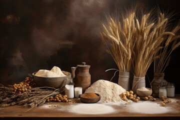 wheat, wheatgrass, oats, malt and oatmeal on a brown background. ingredients of wheats, bread and flours. grains and flour on the table - obrazy, fototapety, plakaty