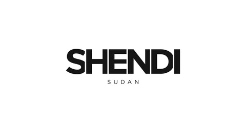 Shendi in the Sudan emblem. The design features a geometric style, vector illustration with bold typography in a modern font. The graphic slogan lettering.