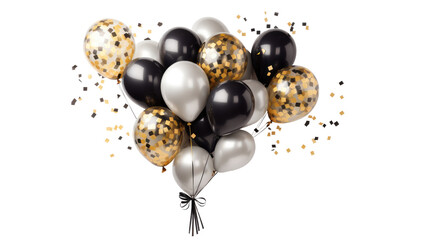 Gold chrome and black balloon with confetti, a bunch of balloons on transparent background. Balloons for wedding, holiday. Valentine's day gift  - Powered by Adobe