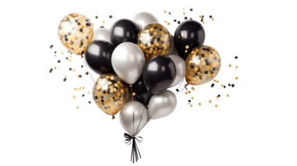 Gold chrome and black balloon with confetti, a bunch of balloons on transparent background. Balloons for wedding, holiday. Valentine's day gift 