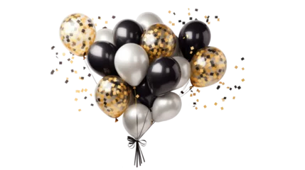 Poster Gold chrome and black balloon with confetti, a bunch of balloons on transparent background. Balloons for wedding, holiday. Valentine's day gift  © YauheniyaA