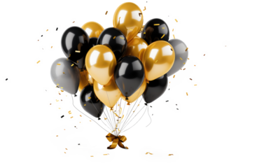 Gold chrome and black balloon with confetti, a bunch of balloons on transparent background. Balloons for wedding, holiday. Valentine's day gift 