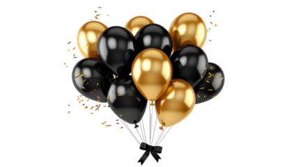 Gold chrome and black balloon with confetti, a bunch of balloons on transparent background. Balloons for wedding, holiday. Valentine's day gift 