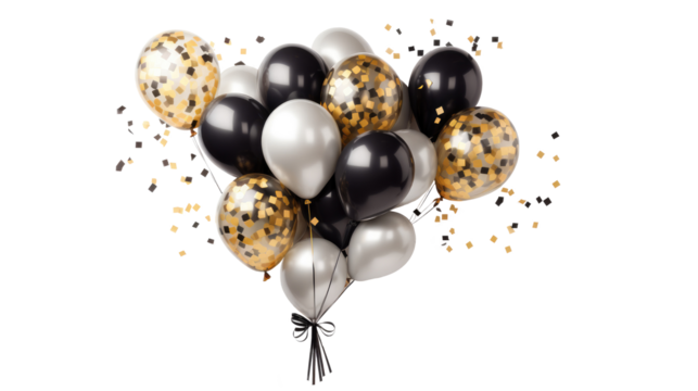 Gold chrome and black balloon with confetti, a bunch of balloons on transparent background. Balloons for wedding, holiday. Valentine's day gift 