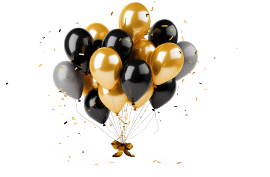 Gold chrome and black balloon with confetti, a bunch of balloons on transparent background. Balloons for wedding, holiday. Valentine's day gift 