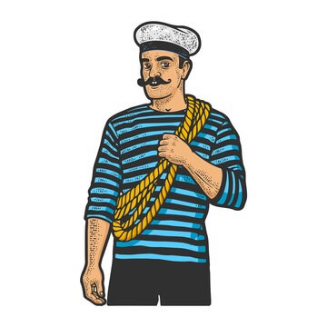 sailor man sketch hand drawn color engraving raster illustration. T-shirt apparel print design. Scratch board imitation. Black and white hand drawn image.