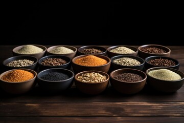 View of allergens commonly found in food grains. a group of cereals. various types of rice in different containers