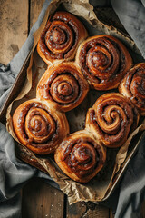 Obraz na płótnie Canvas top view of tasty fresh baked cinnamon buns on a baking sheet placed on wooden table, with empty copy space, food advertising