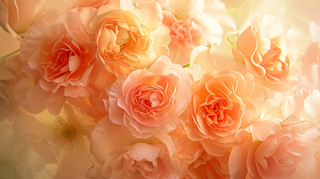 Capture the intricate beauty of peonies in the enchanting Peach Fuzz, the color of the year 2024, through a close-up macro lens.