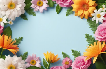 Obraz premium blue background with place for text with frame of flowers 
