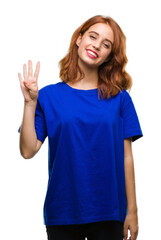 Young beautiful woman over isolated background showing and pointing up with fingers number four while smiling confident and happy.